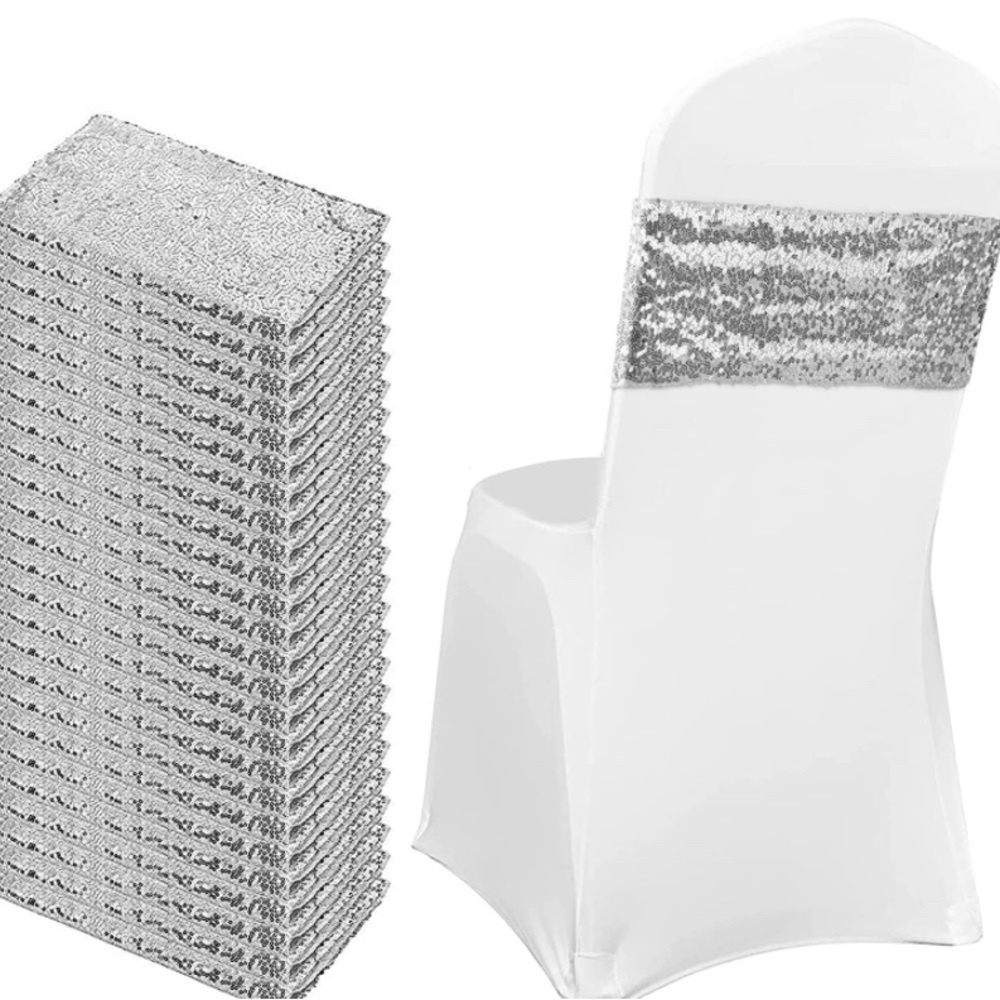 20 Count Silver Sequin Chair Spandex Stretch Bands & 2 Tablecloths Dining Bundle